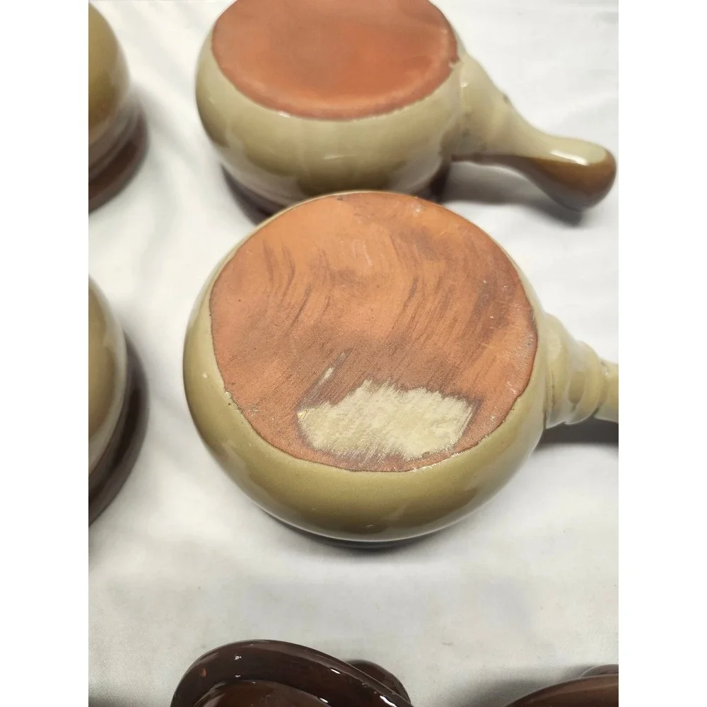 Vintage French Onion Soup Stoneware Crocks with Lids Brown Two Tone Set of 4
